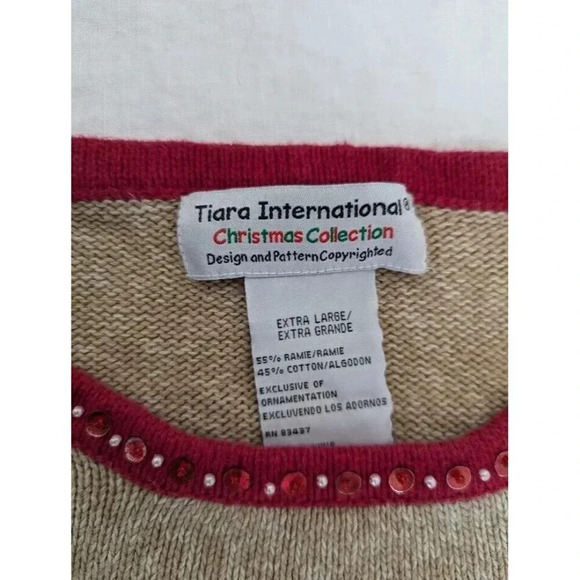 Peace on Earth Holiday knit sweater, sequins, beads, tan with red detail T5 - Picture 4 of 6